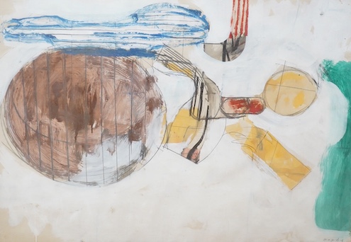 Henry Mundy (1919-2019), oil on paper, 'Brown Disc 1961', 55 x 75cm. Condition - fair